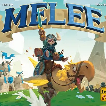 Melee A knight in a horned helmet rides a large bird creature in front of a castle and a tower under the game title "Melee"