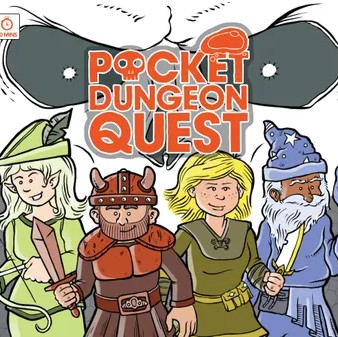Pocket Dungeon Quest Four cartoon adventurers armed with a bow, a sword, and a dagger stand under the game title "Pocket Dungeon Quest" in front of a giant skull