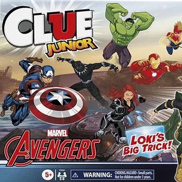 Clue Junior: Marvel Avengers Captain America, Black Panther, Black Widow, the Hulk, and others move towards the viewer under the title Clue Junior.