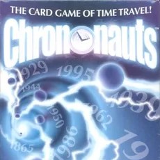 Chrononauts* Years spiral out of a blue swirl with lightning bolts and bubbles under the game title Chrononauts.