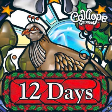 12 Days A stained glass style picture of a partridge and holiday icons with the game title 12 Days.