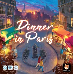 Dinner in Paris A painterly scene of Paris with emphasis on light from windows with the game title "Dinner in Paris" above a plaza