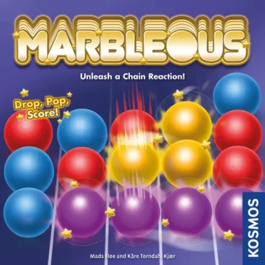 Marbleous Red, blue, yellow, and purple spheres occupy a white grid on a blue background under the game title "Marbleous"