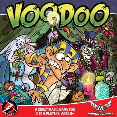 Voodoo* A man in a pharaoh headdress frantically uses magical items while a clown looks on under the game title "Voodoo"