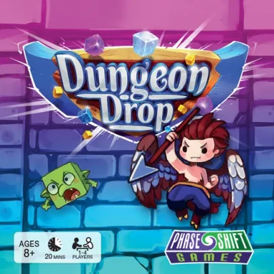 Dungeon Drop A cartoon guy with wings and a spear and a green cube with a face spring forward in front of a stone wall under the game title Dungeon Drop