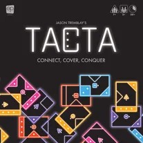 Tacta* Cards in neon colors with geometric shapes with a black background on a black background with the game title "Tacta" in white