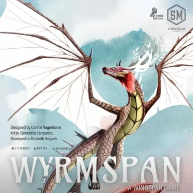 Wyrmspan A brown dragon with white wings lifts off into a blue sky with clouds above the game title "Wyrmspan"