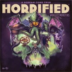 Horrified: World of Monsters* Monsters including the Sphinx and Cthulhu occupy a hazy greenish space on a dark background under the game title "Horrified"