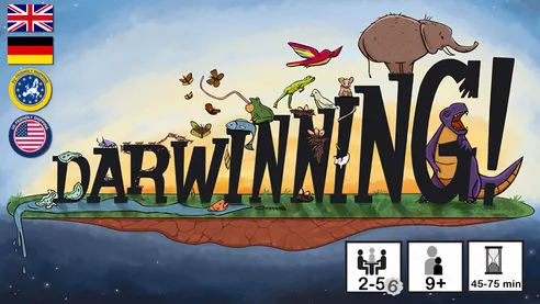 Darwinning! The game title Darwinning! gets taller from right to left atop and island with various animals on and around the letters