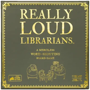 Really Loud Librarians Gold embossed human figures below the game title "Really Loud Librarians" in gold on a gold-bordered dark gray game box.