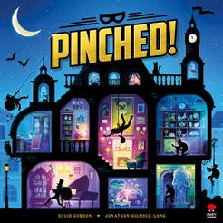 Pinched!* A mansion silhouette with dollhouse-style cutaway walls shows several thief silhouettes committing a robbery under the game title "Pinched."