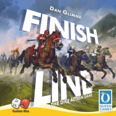 Finish Line Three horses jump through the gap between the stacked words "Finish Line" as other racehorses follow