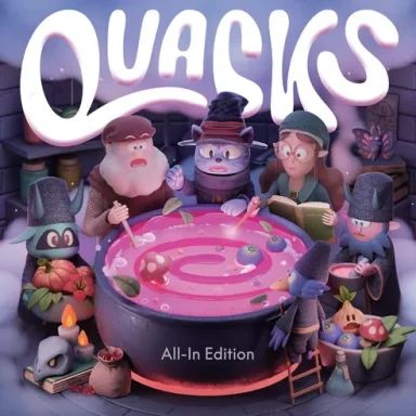 Quacks: All-In Edition A cartoon collection of animals and magic users stir a pink swirly potion in a huge cauldron under the game title "Quacks."