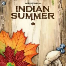 Indian Summer A red leaf, an orange leaf, two mushrooms and some blueberries lay on woodgrain under the game title "Indian Summer"