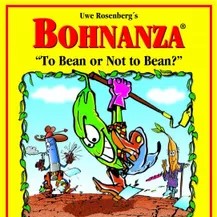Bohnanza* A cartoon green bean hoes a patch of ground with a blue bean dressed as a cowboy watching. The title Bohnanza is at the top.