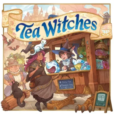 Tea Witches* Cartoon witch with a white cat on her head and sitting on a broom talks to a witch in a booth standing on chicken feet under the game title