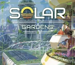 Solar Gardens Futuristic gardens with solar panels and wind turbines with people watering flowers on balconies in the foreground with the game title.