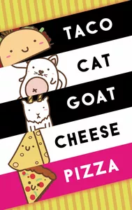 Taco Cat Goat Cheese Pizza The words "Taco Cat Goat Cheese Pizza" are stacked in black, white, and pink stripes with cartoon images of each item.
