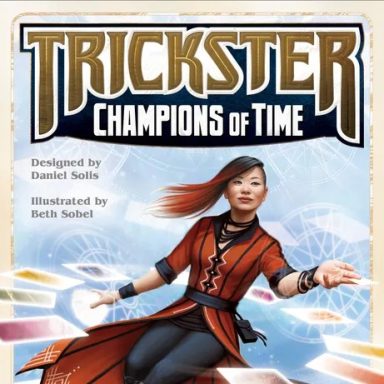 Trickster: Champions of Time A woman with black and red hair and clothing sits amid a circle of golden rectangles on a blue background under the game title