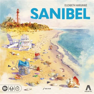 Sanibel* A drawing of a beach littered with shells with two white beach chairs and a lighthouse in the background under the game title "Sanibel."