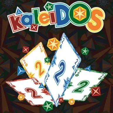 kaleiDOS White cards with colorful borders and 2s on them surrounded by colorful stars under the colorful game title "kaleiDOS"