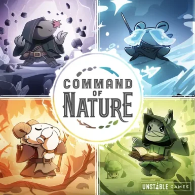 Command of Nature Four anthropomorphic animals pose in purple, blue, green, and red quadrants with the game title Command of Nature in a circle in the middle.