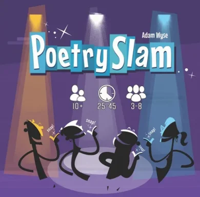 Poetry Slam Four black cartoon silhouettes smile and snap their fingers amid orange, white, and blue spotlights under the game title "Poetry Slam."