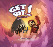 Get Bit! A Lego-like pirate in red with a black eyepatch swims away from a gray shark that's chomping a green guy under the title "Get Bit Deluxe"