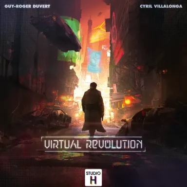 Virtual Revolution A man in a long jacket walks away through a street towards a lighted building with the game title "Virtual Revolution" under him.