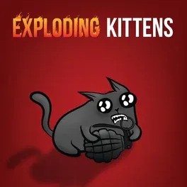 Exploding Kittens A gray cartoon cat pulls the pin of a grenade with its teeth on a red background with the game title "Exploding Kittens" above