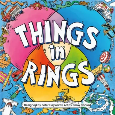 Things in Rings* A red, blue, and yellow Venn diagram holds the game title "Things in Rings" and is surrounded by drawings of various objects