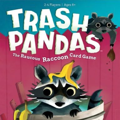 Trash Pandas* A racoon sits in a trash can with banana peels in front of a red fence with a racoon hanging over it with food beside the game title