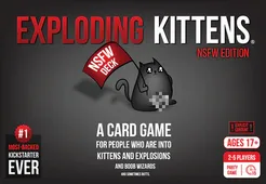 Exploding Kittens: NSFW Edition A black cartoon kitten holds a red flag reading "NSFW Deck" on a gray background with the game title "Exploding Kittens" above