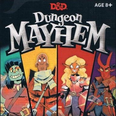 Dungeon Mayhem An orc, a human, an elf, and a tiefling on green, yellow, red, and purple backgrounds under the game title "Dungeon Mayhem"