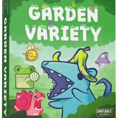 Garden Variety There's a shrieking blue possum with a banana on its head, a pink snail with big teeth, a frog watering can, and a wizard under the title