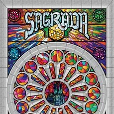 Sagrada* A colorful round stained glass window on a background of stained glass colors and dice with the game title "Sagrada."