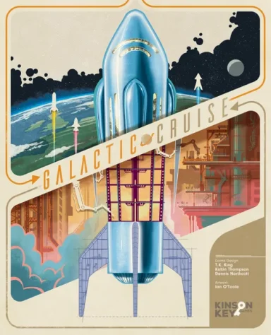 Galactic Cruise* A rocket stands behind a banner reading "Galactic Cruise" with images of earth and space behind it in a midcentury style