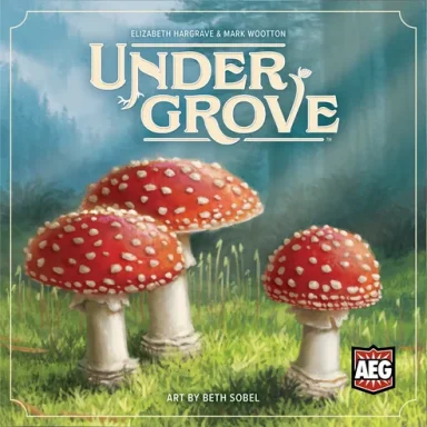 Undergrove Three mushrooms with white stems and red and white caps stand in grass in front of a forest with the game title "Undergrove"
