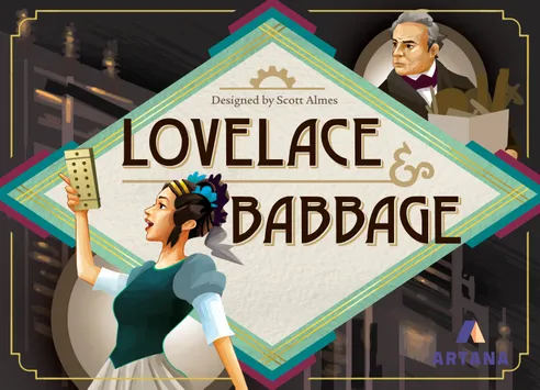 Lovelace & Babbage A woman in 19 century dress holds a calculator while a man dressed in the same era looks on across a diamond with the game title