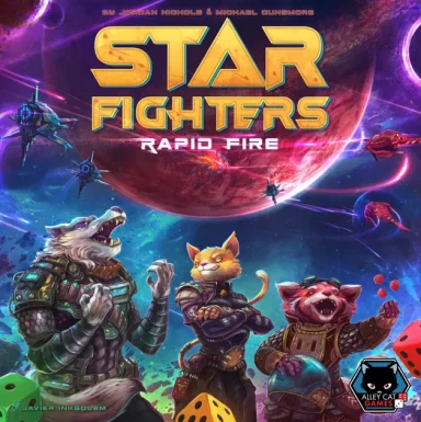 Star Fighters: Rapid Fire An anthropomorphic wolf, cat, and fox pose below a red planet with the game title "Star Fighters: Rapid Fire."
