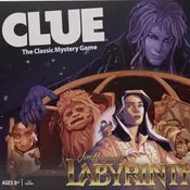 Clue: Jim Henson's Labyrinth Jareth looms over Sarah, Ludo, and Hoggle as the word Clue floats above and the title Labyrinth is below.