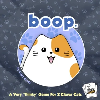 boop. A cartoon orange and white calico cat surrounded by a light blue circle with paw prints on a darker blue background with prints.
