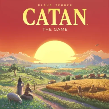 Catan* People work fields and heard sheep under a sunset sky with the game title "Catan" in yellow above.