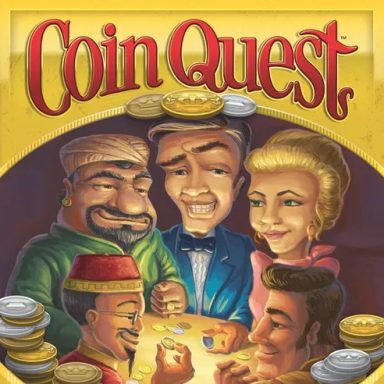 Coin Quest A cartoon of four men and a woman gathered around a table of coins under the game title Coin Quest.