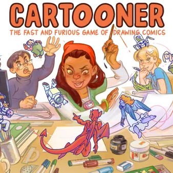 Cartooner: The Fast & Furious Game of Drawing Comics Three cartoonists draw characters that rise into the air under the game title "Cartooner."