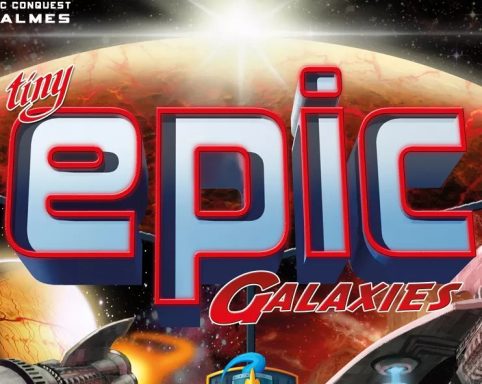 Tiny Epic Galaxies The game title "Tiny Epic Galaxies" with a red planet and rising sun behind it with rockets mostly out of sight below