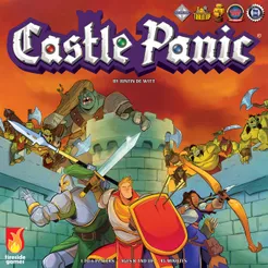 Castle Panic A cartoon group of fighters ward off hoards advancing from the castle walls under the game title "Castle Panic."